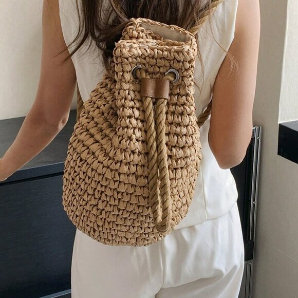 Khaki Casual Women's Foldable Bucket Drawstring Backpack Outdoor - Picture 7 of 11